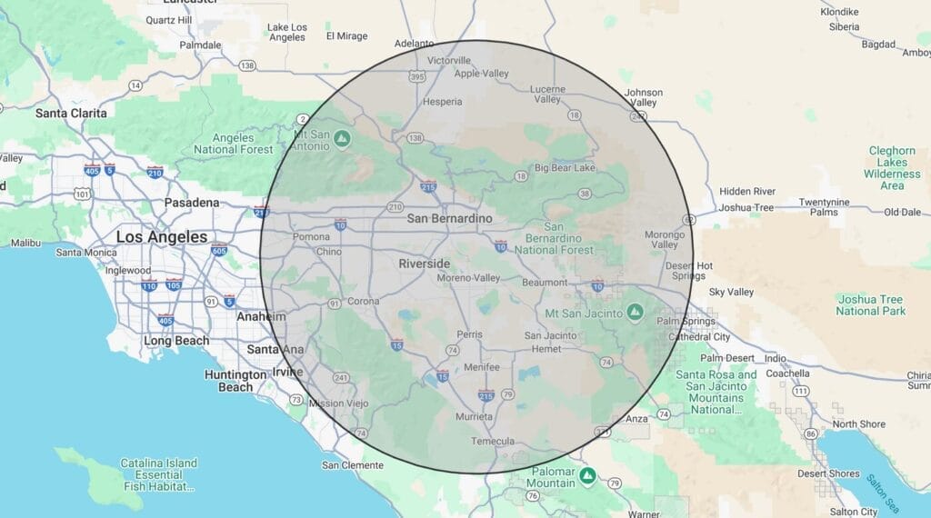Map outlining the service area of Oscar N' Rosa: - Riverside, CA - San Bernardino, CA - Temecula, CA - Victorville, CA