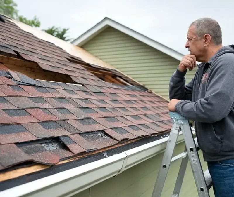 Concerned homeowner standing on a ladder closely inspecting severe roof damage with missing shingles and exposed wood, following a storm or weather event