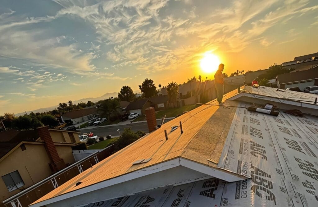Man standing on roof during sunset
