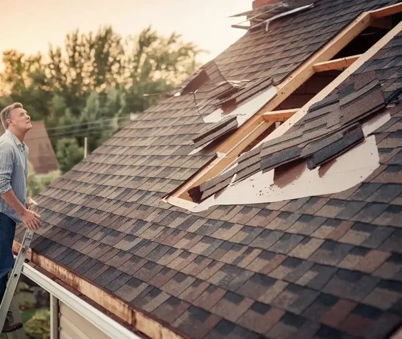 Man standing on a ladder inspecting significant storm damage to a shingled roof, with multiple missing and lifted shingles revealing the roof decking at sunse