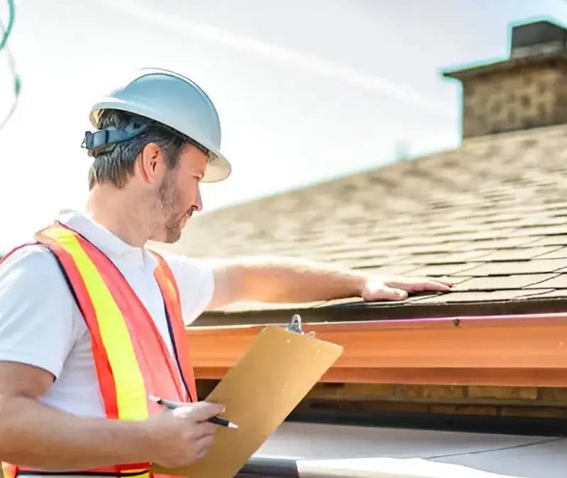 Roof inspector in a safety vest and hard hat examining shingles and gutters, holding a clipboard while conducting an exterior roof assessment