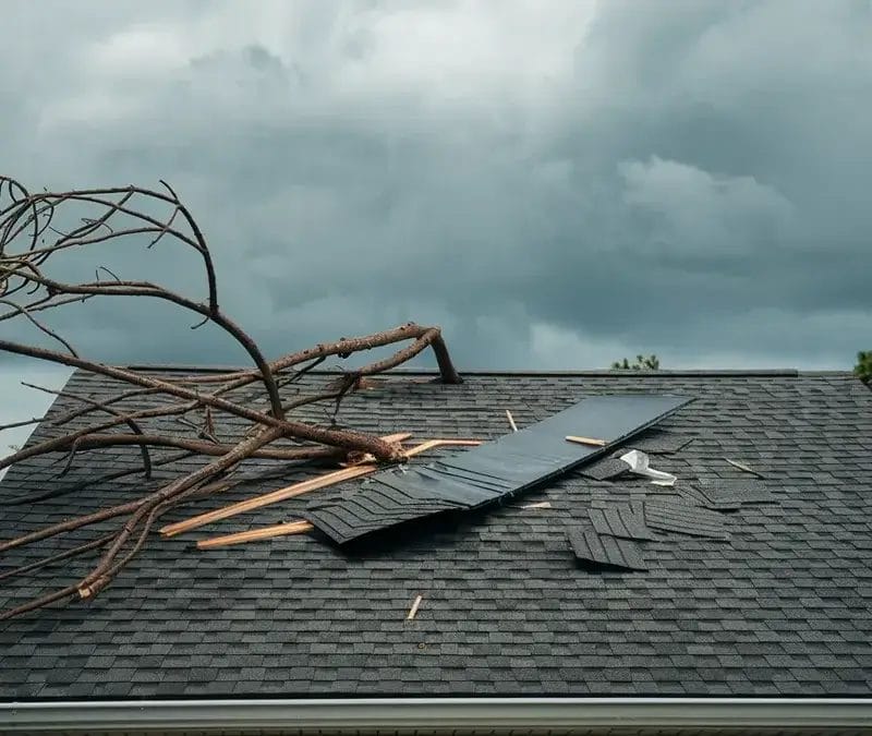 Roof damaged by a fallen tree branch after a storm, with broken shingles and debris scattered on the rooftop under a cloudy sky